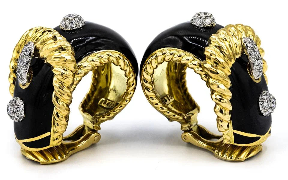 David Webb Buckle Platinum & 18K Yellow Gold Black Enamel, Diamond Earrings - The Back Vault