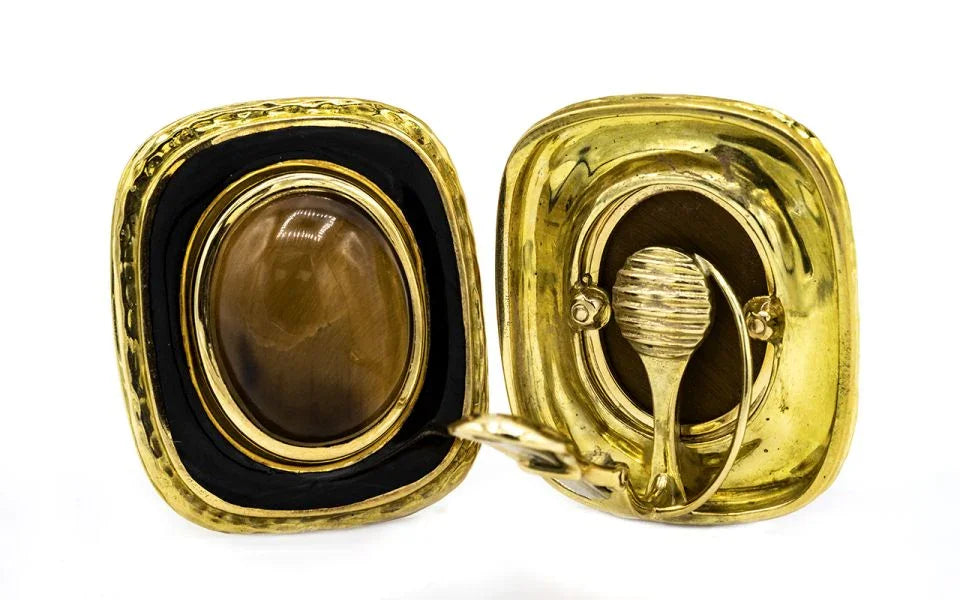 David Webb 1970's Platinum & 18K Yellow Gold Gold & Black Enamel Earrings - The Back Vault