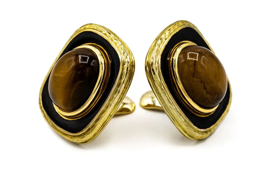 David Webb 1970's Platinum & 18K Yellow Gold Gold & Black Enamel Earrings - The Back Vault
