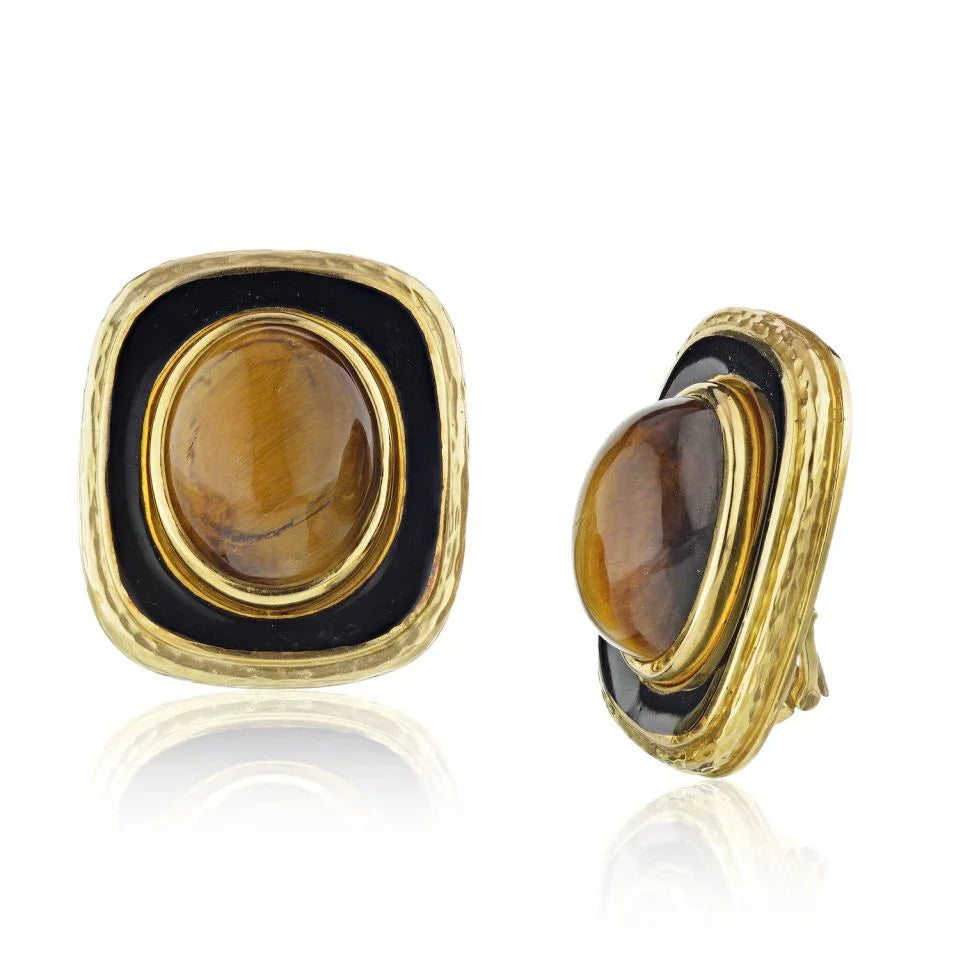 David Webb 1970's Platinum & 18K Yellow Gold Gold & Black Enamel Earrings - The Back Vault