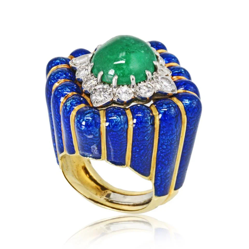 David Webb Circa 1960's Platinum & 18K Yellow Gold Emerald and Diamond Ring - The Back Vault