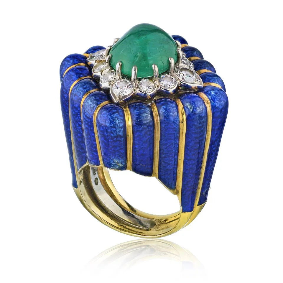 David Webb Circa 1960's Platinum & 18K Yellow Gold Emerald and Diamond Ring - The Back Vault