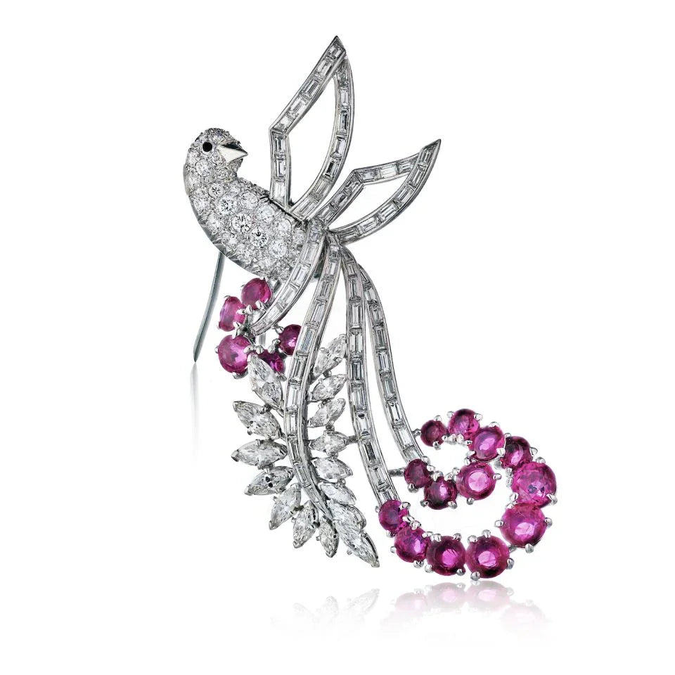 Circa 1950's Platinum Ruby & Diamond Bird Brooch - The Back Vault