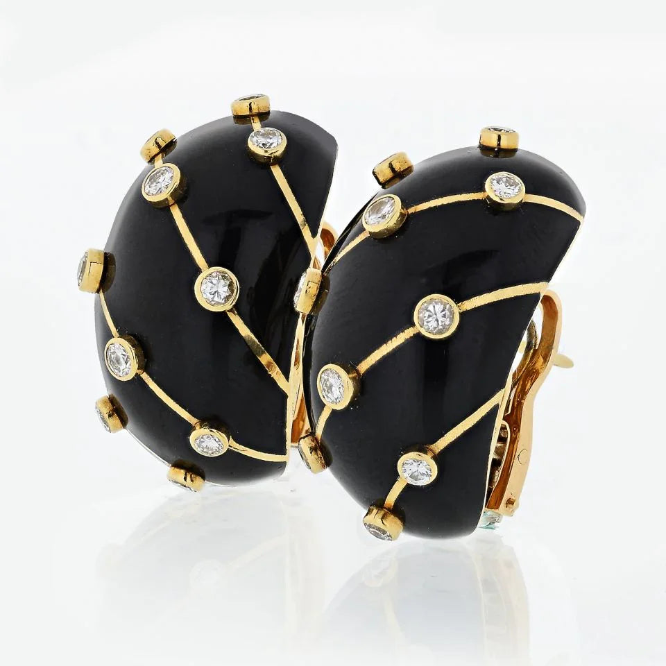 Tiffany & Co. Schlumberger Platinum & 18K Yellow Gold Black Enamel Diamond Banana Earrings - The Back Vault