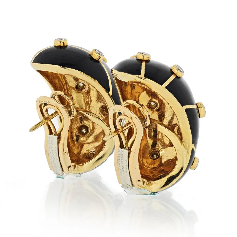 Tiffany & Co. Schlumberger Platinum & 18K Yellow Gold Black Enamel Diamond Banana Earrings - The Back Vault