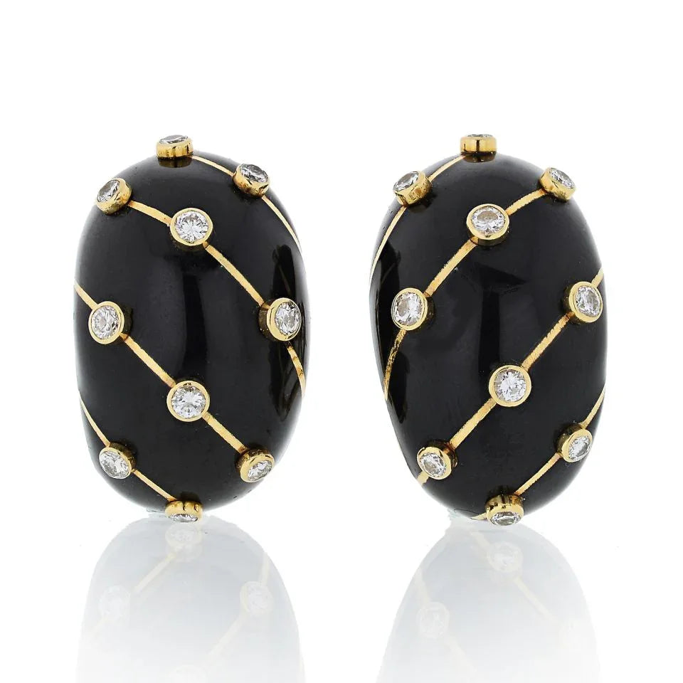 Tiffany & Co. Schlumberger Platinum & 18K Yellow Gold Black Enamel Diamond Banana Earrings - The Back Vault