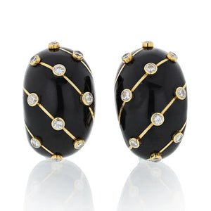 Tiffany & Co. Schlumberger Platinum & 18K Yellow Gold Black Enamel Diamond Banana Earrings