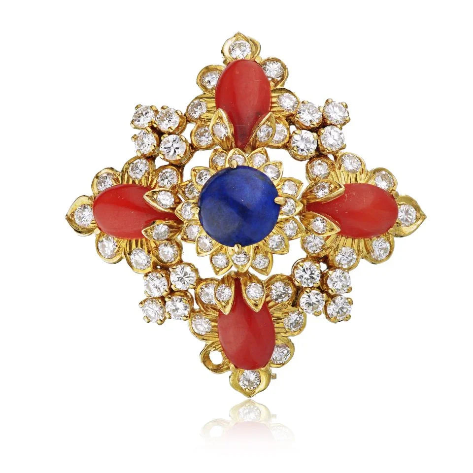 1970's 18K Yellow Gold Lapis, Coral & Diamond Brooch And Earrings Jewelry Set - The Back Vault