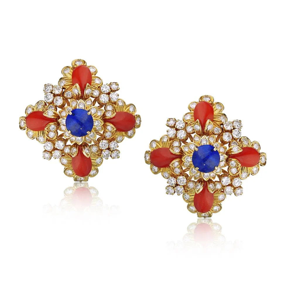 1970's 18K Yellow Gold Lapis, Coral & Diamond Brooch And Earrings Jewelry Set - The Back Vault