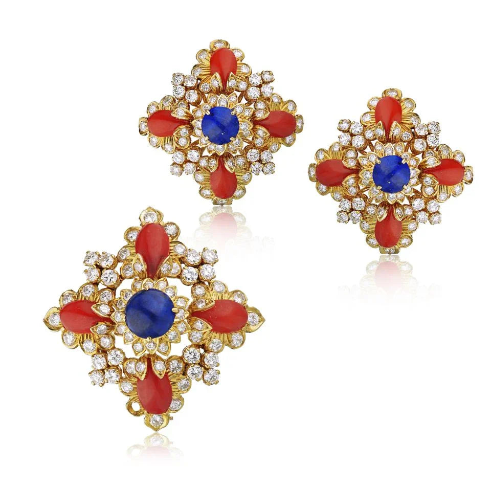 1970's 18K Yellow Gold Lapis, Coral & Diamond Brooch And Earrings Jewelry Set - The Back Vault