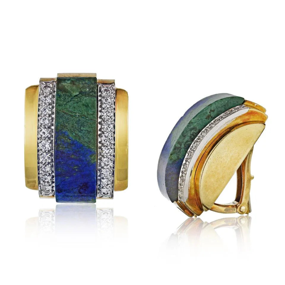 David Webb Azurmalachite Platinum & 18K Yellow Gold & Diamond Earrings - The Back Vault