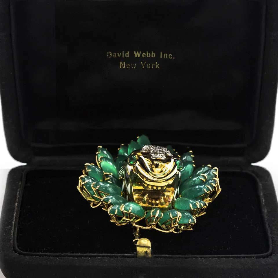 David Webb Kingdom Platinum & 18K Yellow Gold Diamond Tiger Chrysoprase Brooch - The Back Vault