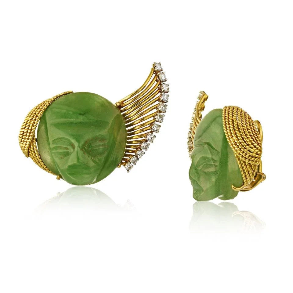 French Platinum & 18K Yellow Gold Carved Jade Faces Clip-On Earrings - The Back Vault