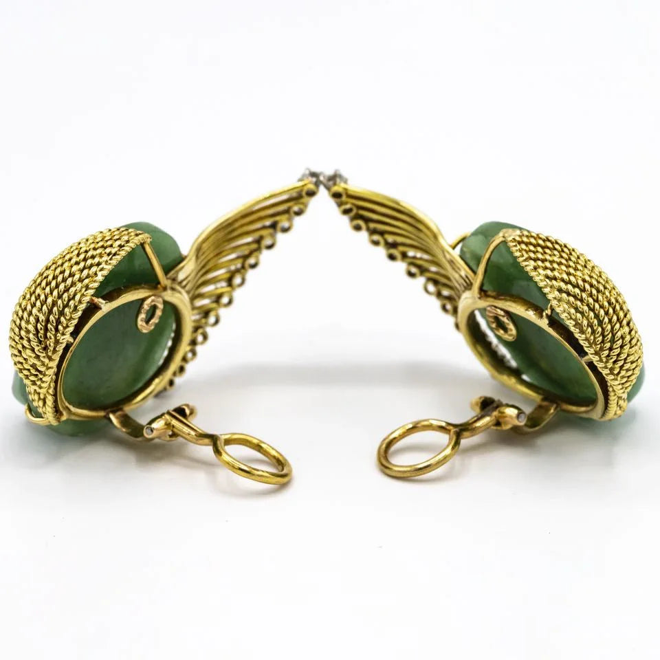 French Platinum & 18K Yellow Gold Carved Jade Faces Clip-On Earrings - The Back Vault