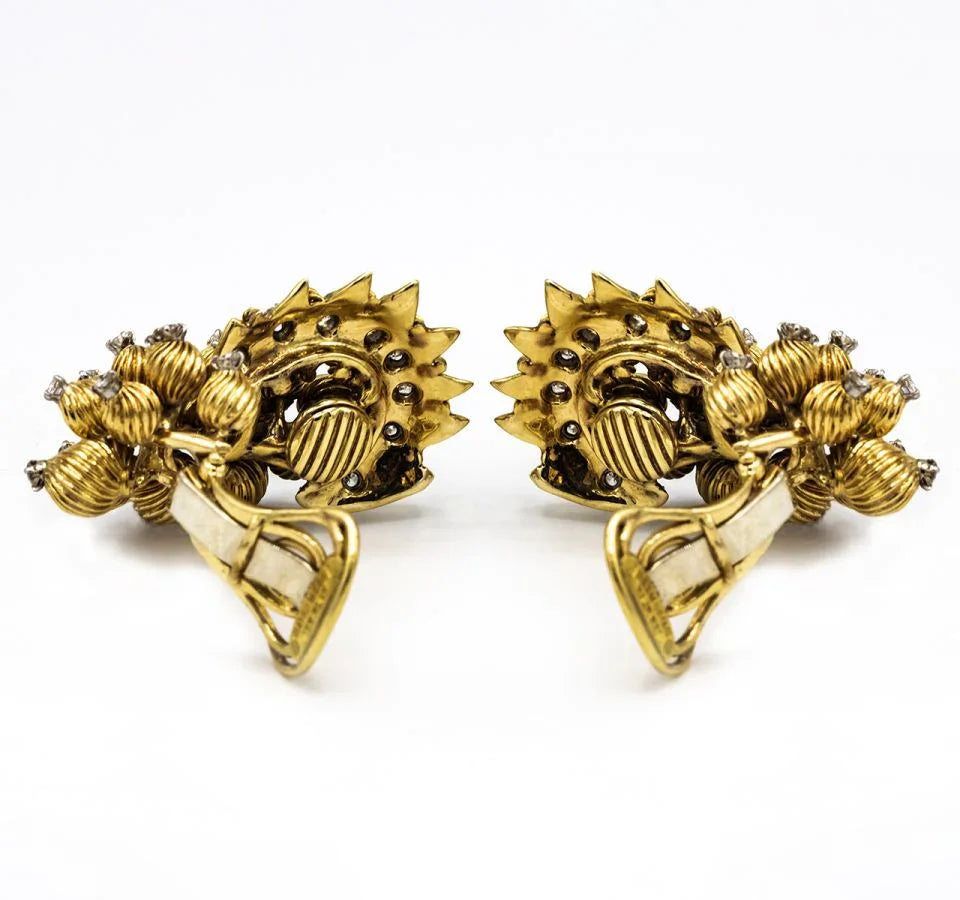 David Webb Sculpted Platinum & 18K Yellow Gold 2.00 Carat Round Diamonds Earrings - The Back Vault