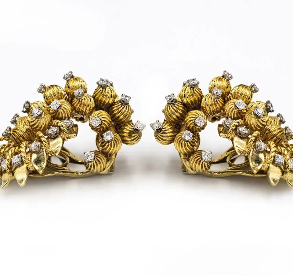 David Webb Sculpted Platinum & 18K Yellow Gold 2.00 Carat Round Diamonds Earrings - The Back Vault