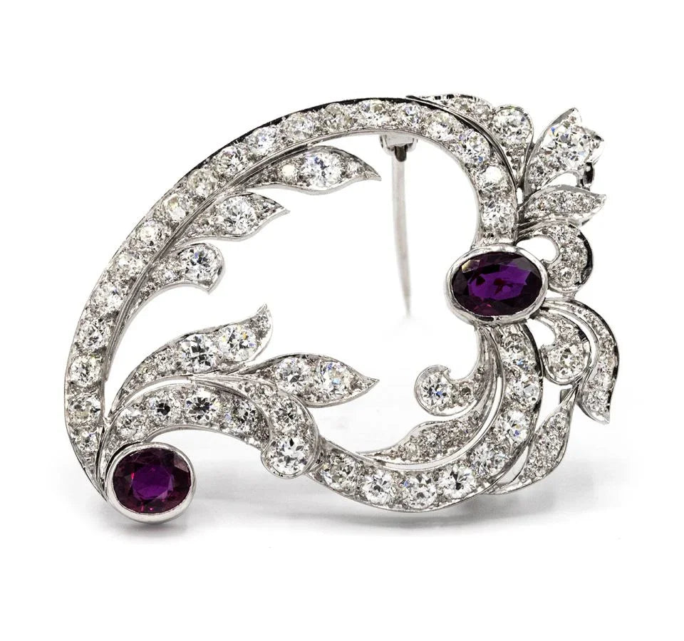 Edwardian Platinum with Two Rubies & Old Cut Diamonds Brooch - The Back Vault