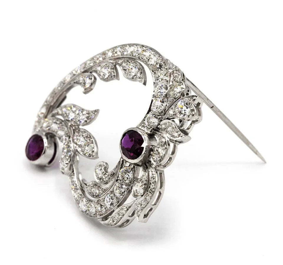 Edwardian Platinum with Two Rubies & Old Cut Diamonds Brooch - The Back Vault