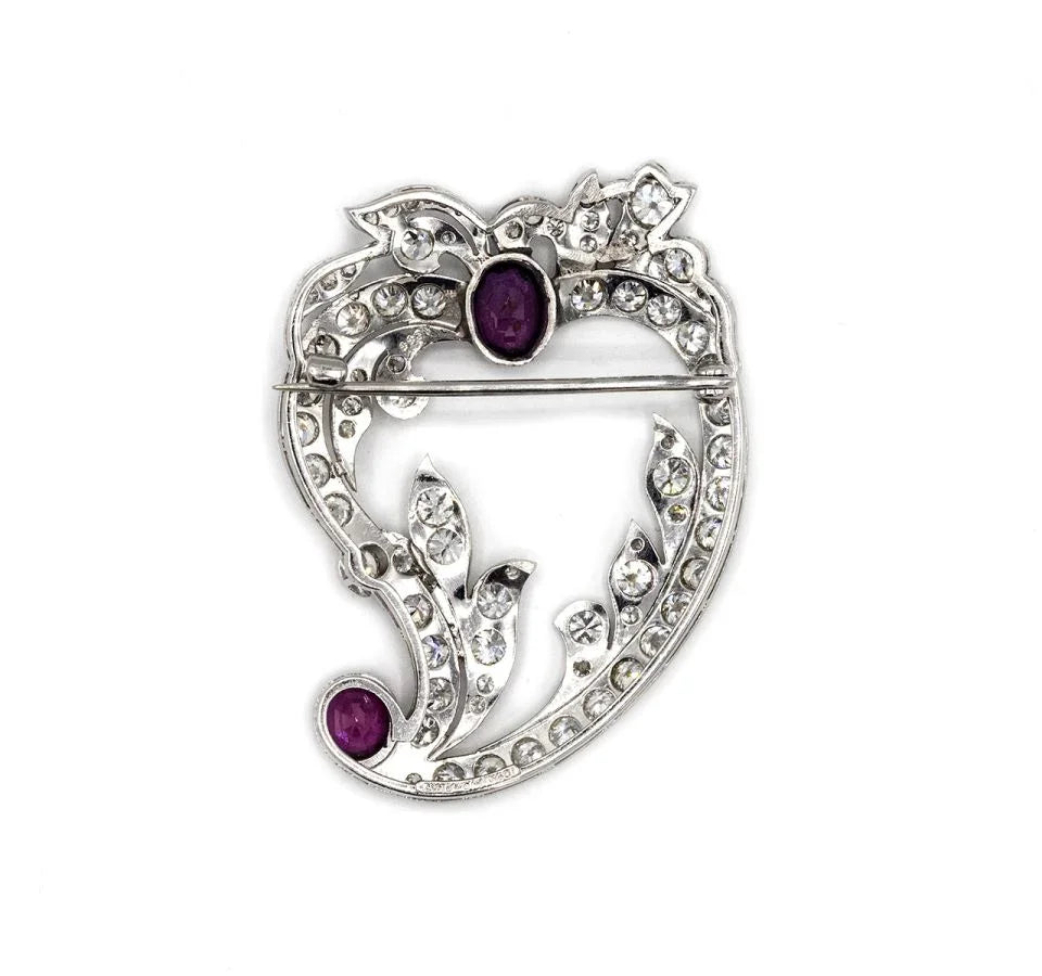 Edwardian Platinum with Two Rubies & Old Cut Diamonds Brooch - The Back Vault