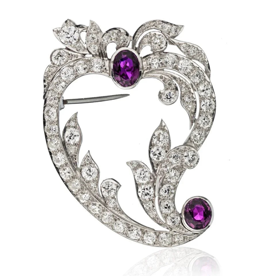 Edwardian Platinum with Two Rubies & Old Cut Diamonds Brooch - The Back Vault