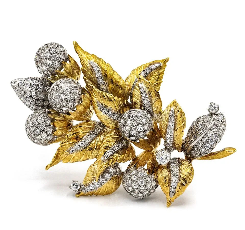 1970's Platinum & 18K Yellow Gold Foliage Diamond Brooch - The Back Vault