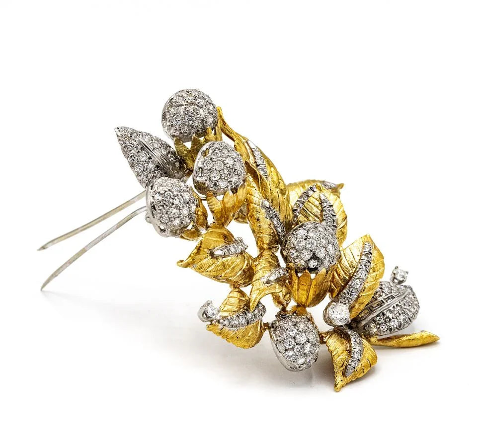1970's Platinum & 18K Yellow Gold Foliage Diamond Brooch - The Back Vault
