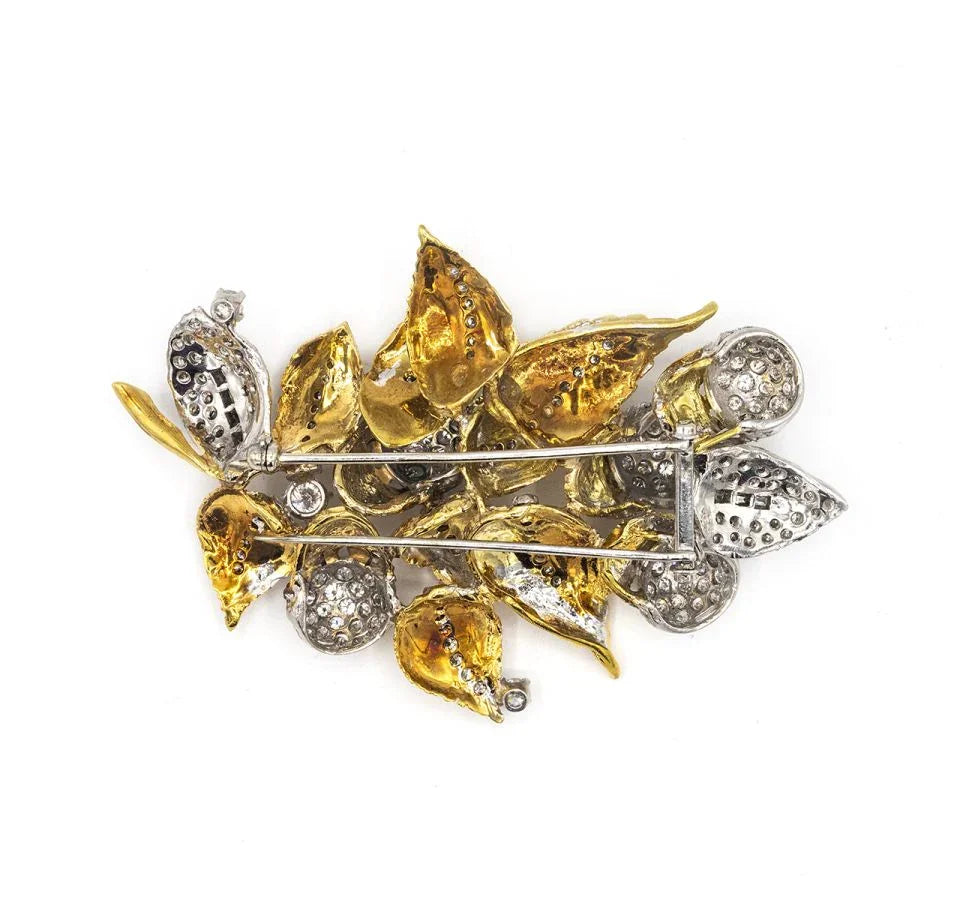 1970's Platinum & 18K Yellow Gold Foliage Diamond Brooch - The Back Vault