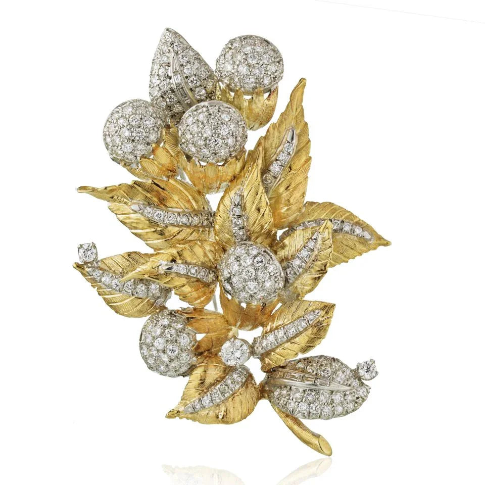 1970's Platinum & 18K Yellow Gold Foliage Diamond Brooch - The Back Vault