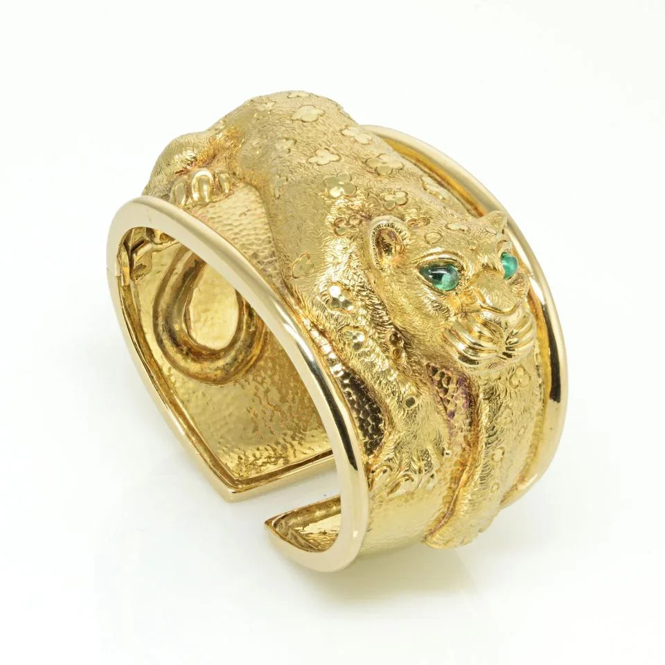 David Webb Repousse L 18K Yellow Gold Panther with Emerald Eyes Cuff Vintage Bracelet - The Back Vault
