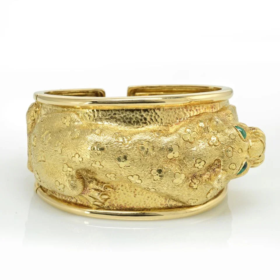 David Webb Repousse L 18K Yellow Gold Panther with Emerald Eyes Cuff Vintage Bracelet - The Back Vault