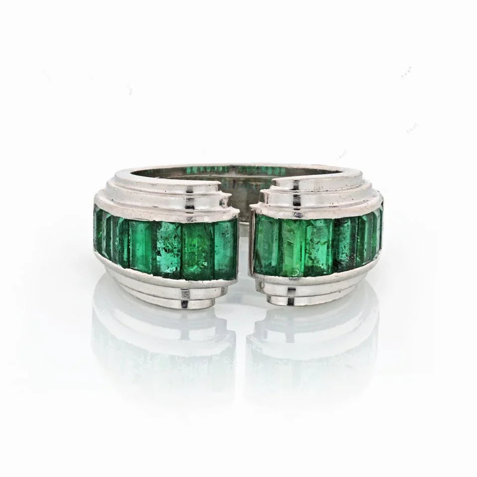 1940's Platinum Gypsy Straight Green Emerald Ring - The Back Vault