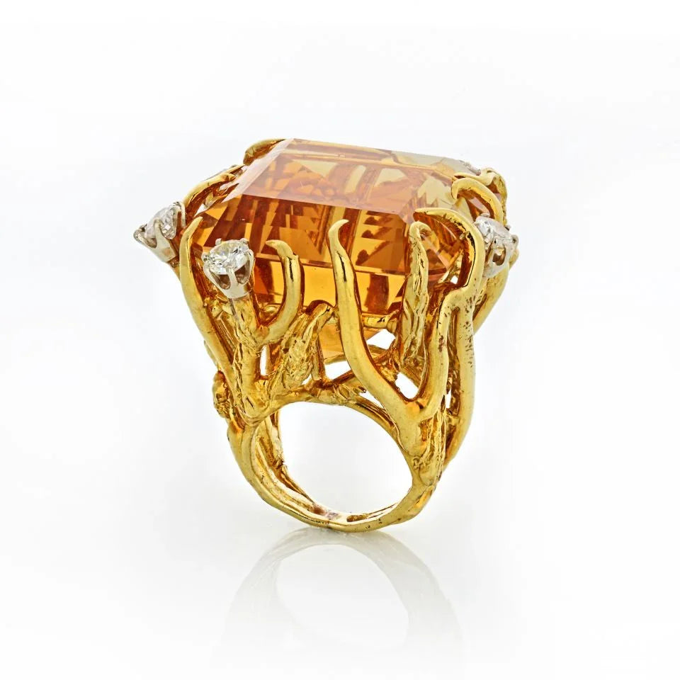 1970's 18K Yellow Gold Citrine and Diamond. Ring - The Back Vault