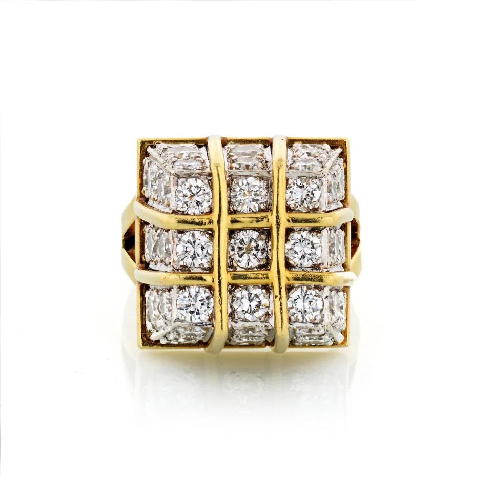 1970's 18K Yellow Gold Box Cage Diamond Criss Cross 7.50 carat Ring - The Back Vault