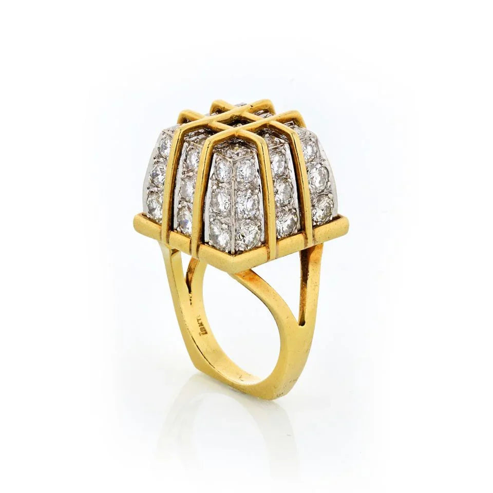1970's 18K Yellow Gold Box Cage Diamond Criss Cross 7.50 carat Ring - The Back Vault