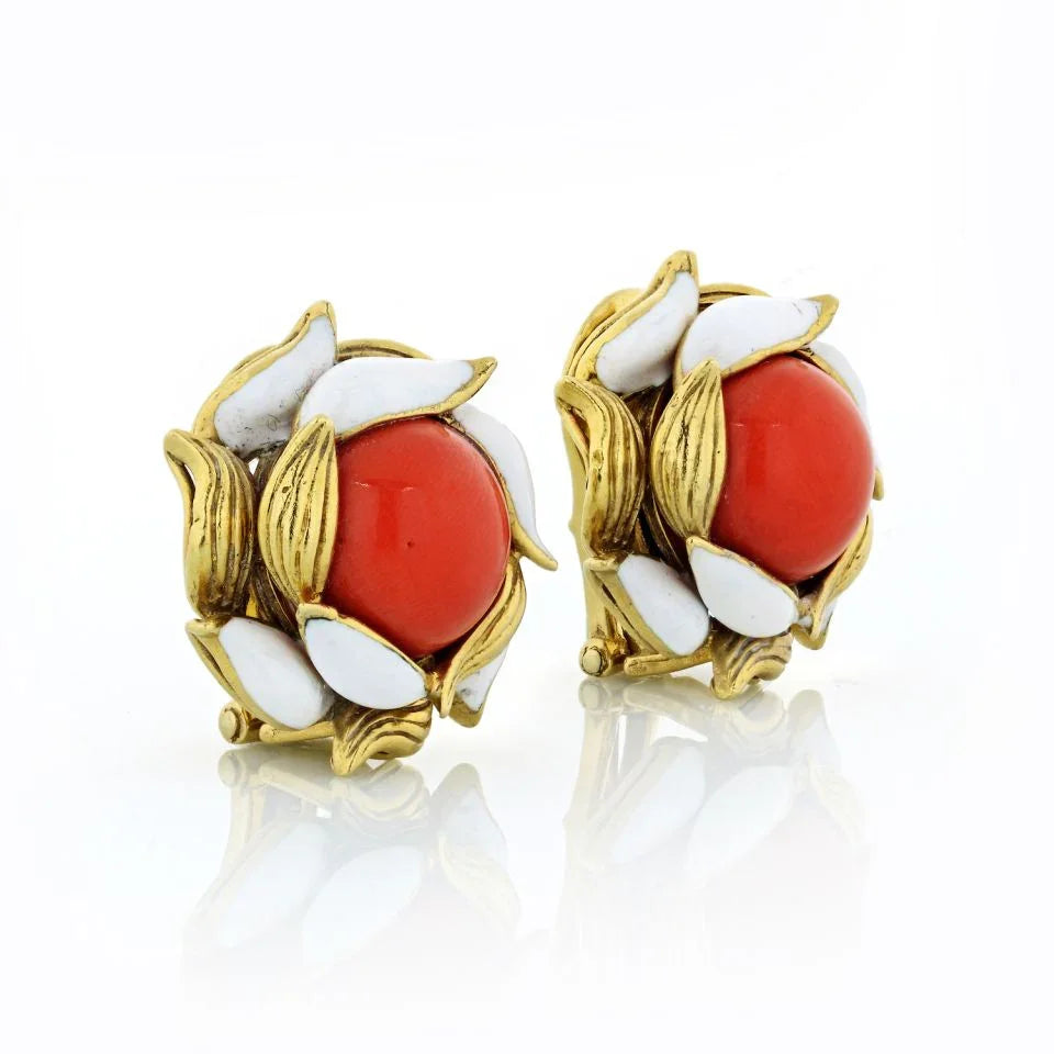 Tiffany & Co. 1970's 18K Yellow Gold Coral & White Enamel Clip-On Earrings - The Back Vault
