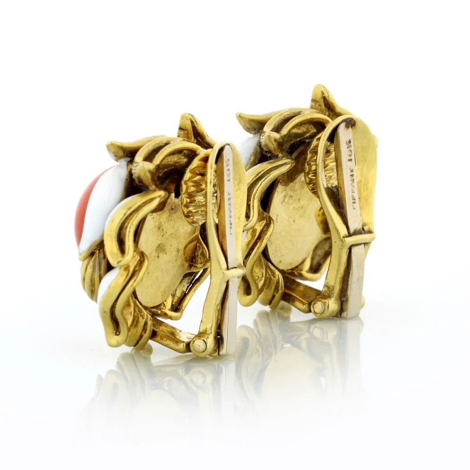 Tiffany & Co. 1970's 18K Yellow Gold Coral & White Enamel Clip-On Earrings - The Back Vault