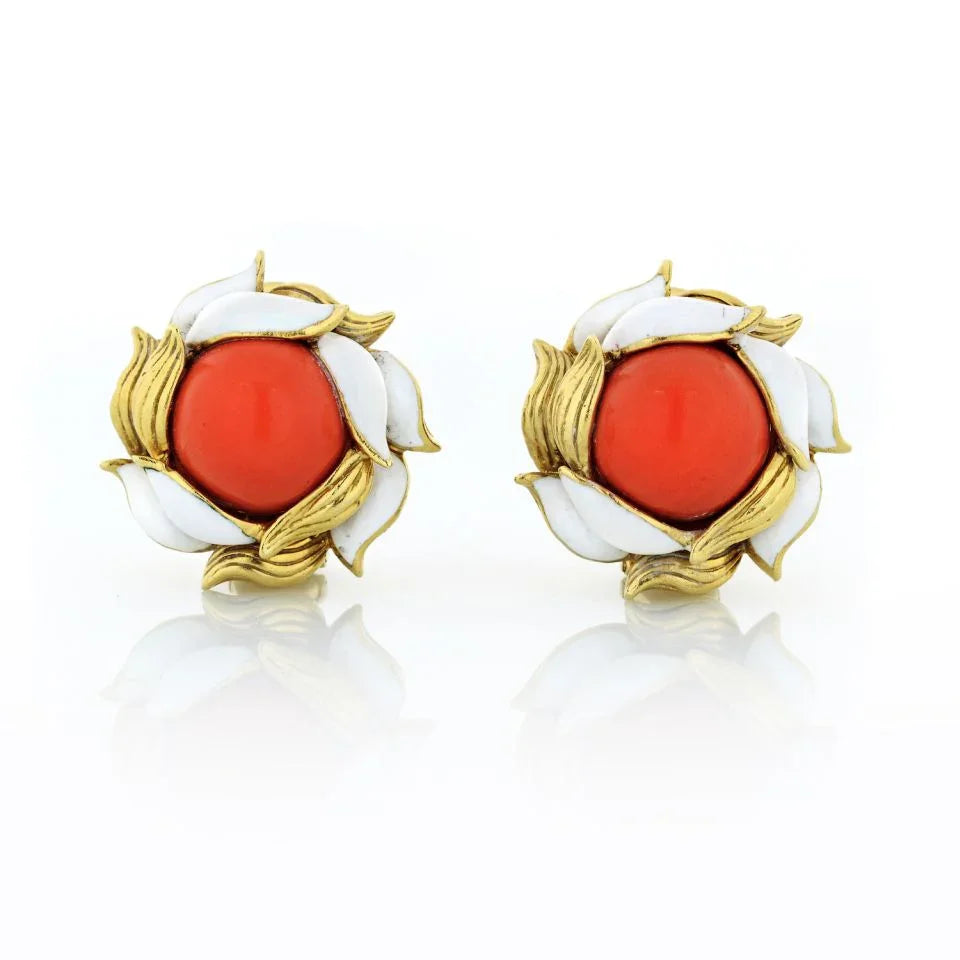 Tiffany & Co. 1970's 18K Yellow Gold Coral & White Enamel Clip-On Earrings - The Back Vault