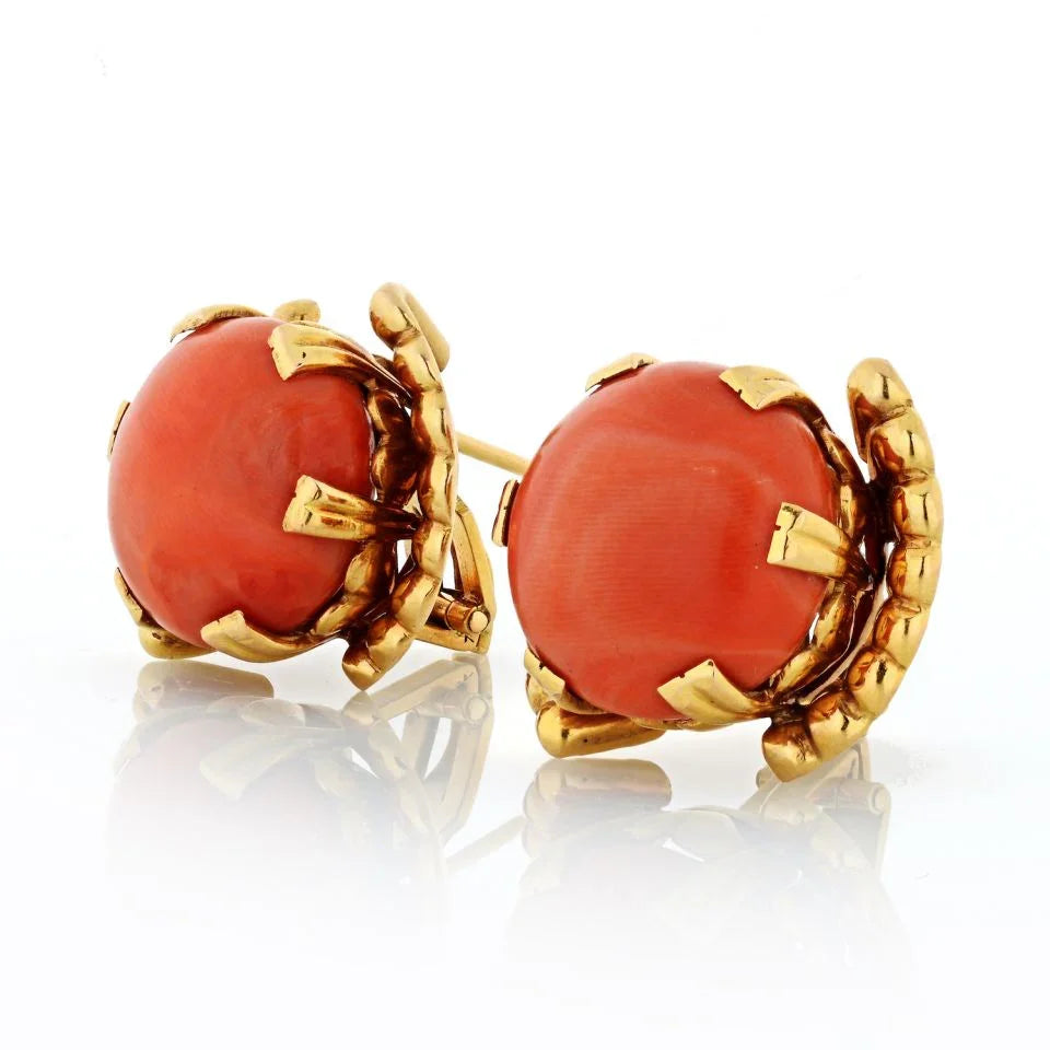 1970's 18K Yellow Gold Round Coral Earrings - The Back Vault