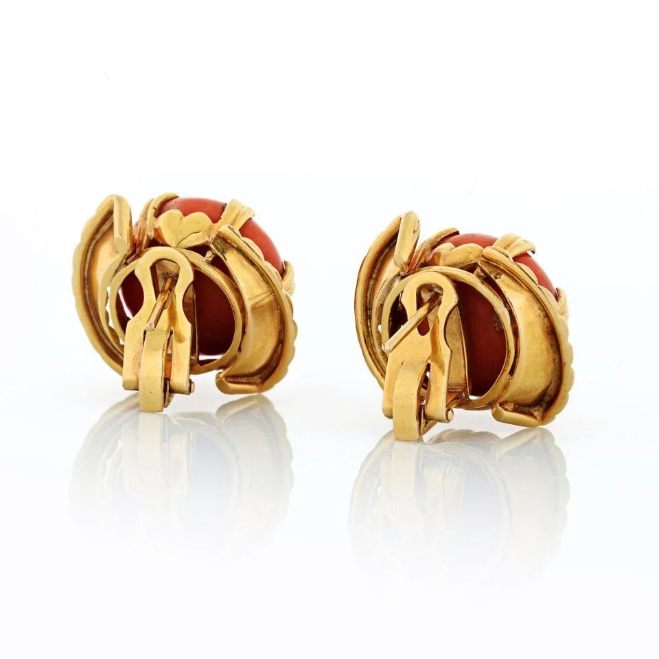 1970's 18K Yellow Gold Round Coral Earrings - The Back Vault
