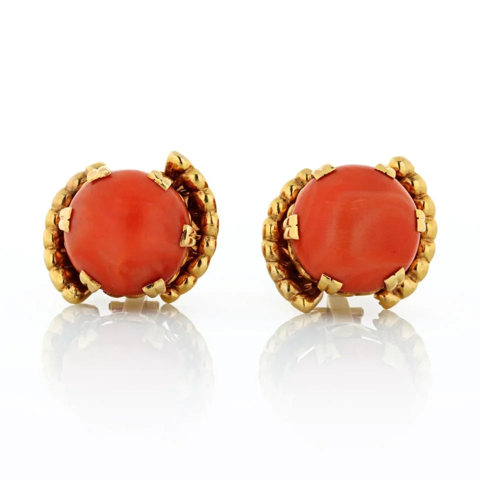 1970's 18K Yellow Gold Round Coral Earrings - The Back Vault