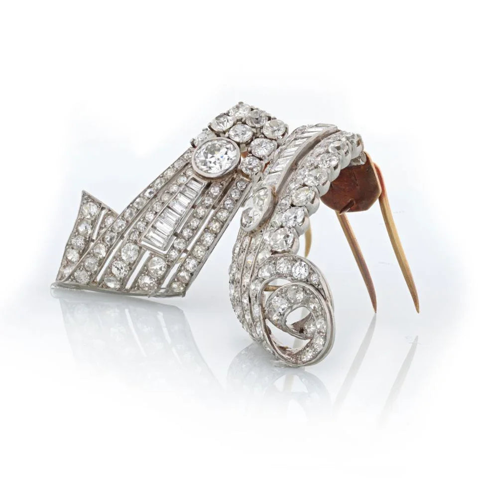 Art Deco Platinum Double Clip Diamond 10.50cttw Brooch - The Back Vault