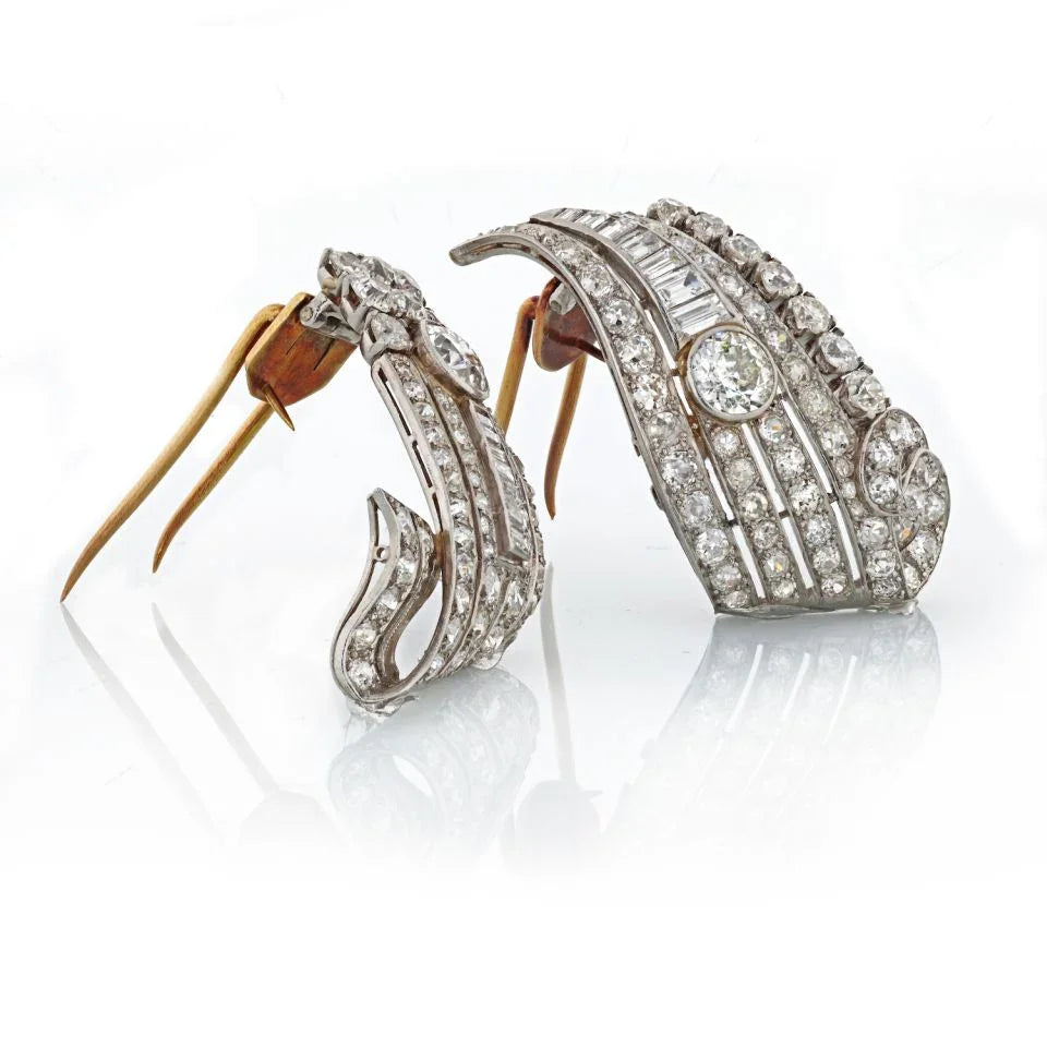 Art Deco Platinum Double Clip Diamond 10.50cttw Brooch - The Back Vault