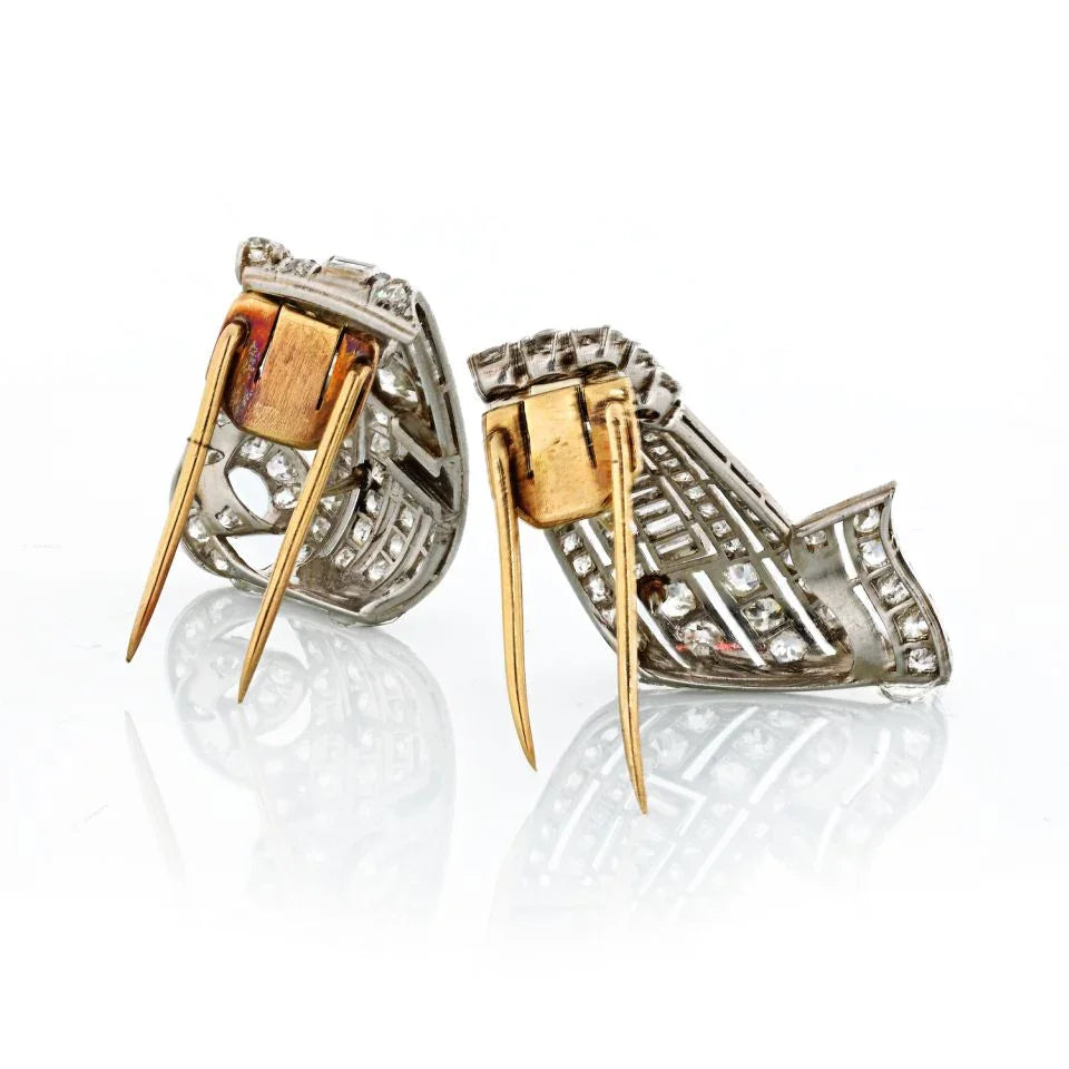 Art Deco Platinum Double Clip Diamond 10.50cttw Brooch - The Back Vault