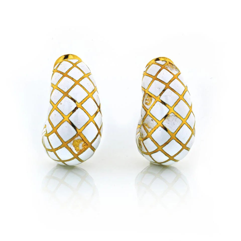 David Webb White Enamel Platinum & 18K Yellow Gold Bombe Gold Checkerboard Clip-On Earrings - The Back Vault