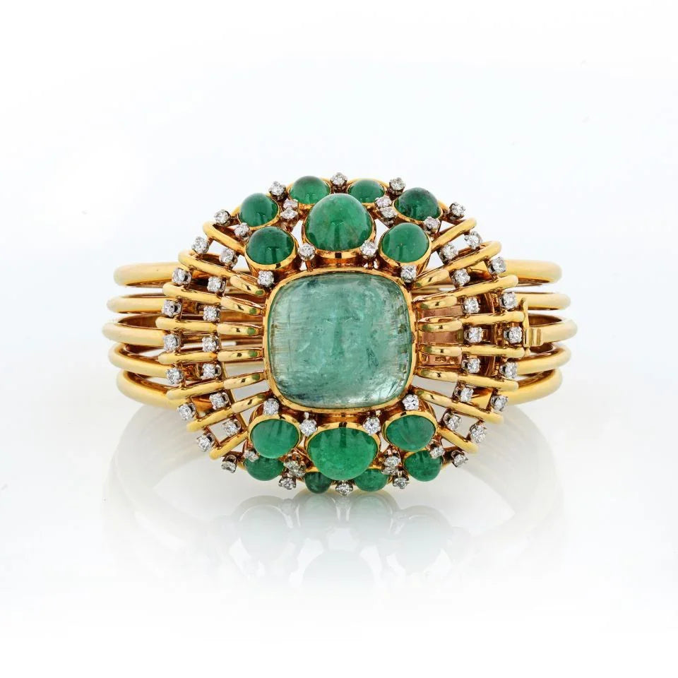 Mauboussin Vintage 18K Yellow Gold Cabochon Green Emerald Cuff Bangle Bracelet - The Back Vault
