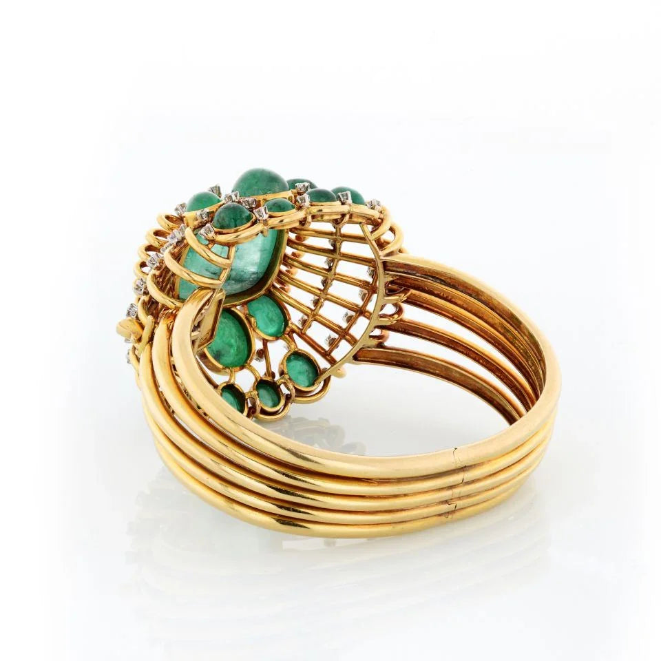 Mauboussin Vintage 18K Yellow Gold Cabochon Green Emerald Cuff Bangle Bracelet - The Back Vault