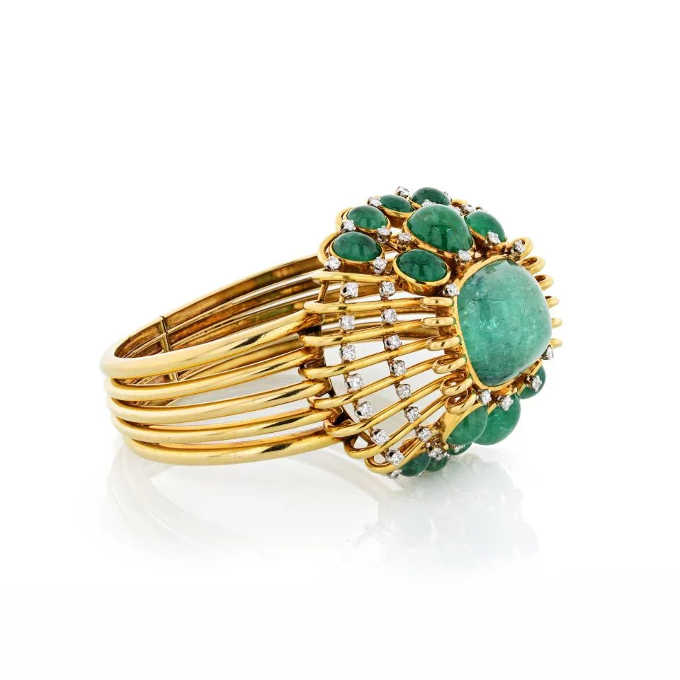 Mauboussin Vintage 18K Yellow Gold Cabochon Green Emerald Cuff Bangle Bracelet - The Back Vault