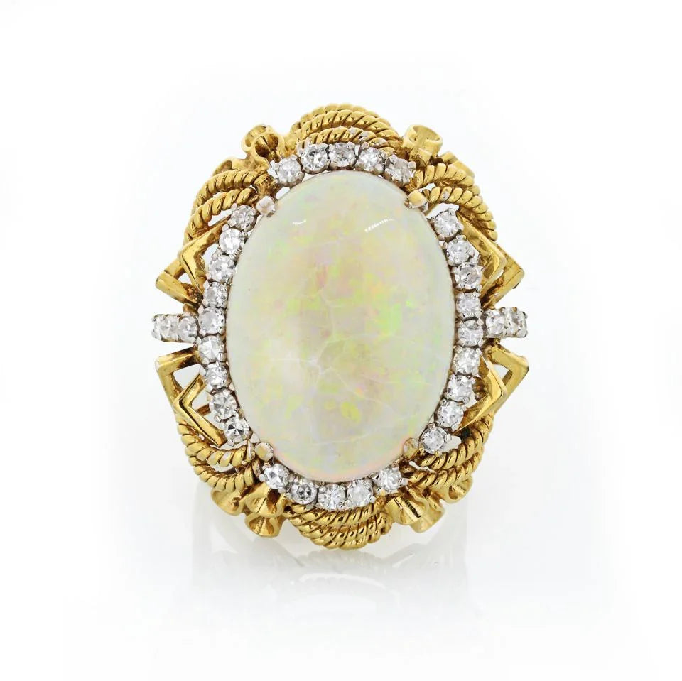 14K Yellow Gold Oval Cabochon Opal & Diamond Ring - The Back Vault
