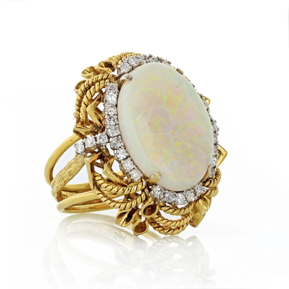 14K Yellow Gold Oval Cabochon Opal & Diamond Ring - The Back Vault