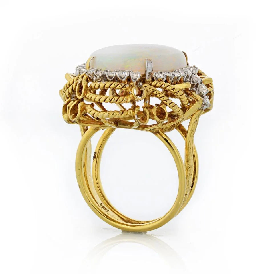 14K Yellow Gold Oval Cabochon Opal & Diamond Ring - The Back Vault